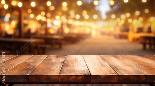 Empty wooden counter table in front of cafe or restaurant blurred background for product presentation © Muneeb