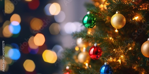 Merry Christmas and Happy New Year. Festive bright beautiful background. Decorated Christmas tree on blurred background. de-focused lights  gold bokeh