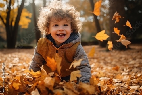 Kid having fun in autumn park with fallen leaves  throwing up leaf