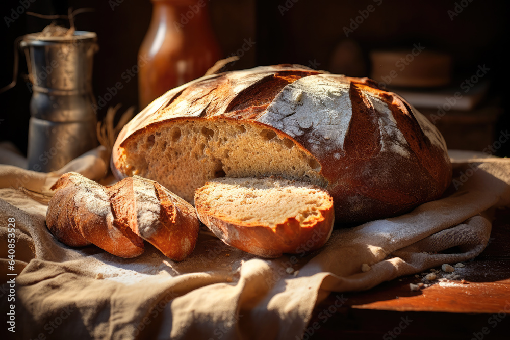 Freshly baked homemade bread on the wooden table