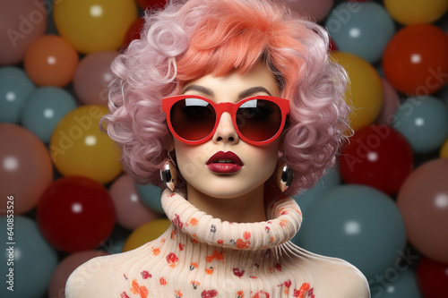 60s fashion  bold pop art  photo shoot style  of beautiful albino asian women  closed eyes with bold 1960s funky big bold glasses  pastel color palette makeup  pastel background made with AI