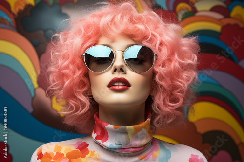 60s fashion, bold pop art, photo shoot style, of beautiful albino asian women, closed eyes with bold 1960s funky big bold glasses, pastel color palette makeup, pastel background made with AI