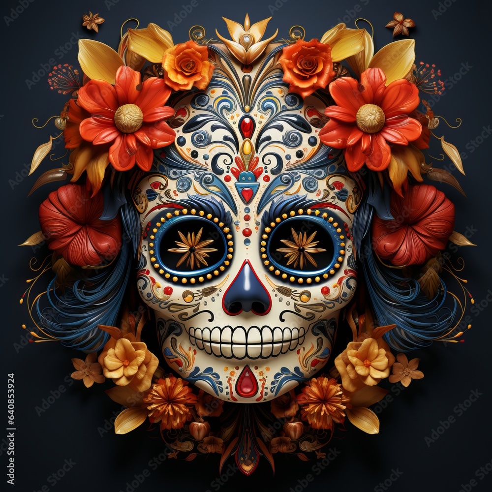 Skulls with flowers and patterns. Concept: traditional image of El Día de Muertos, Mexican image of honoring the dead.