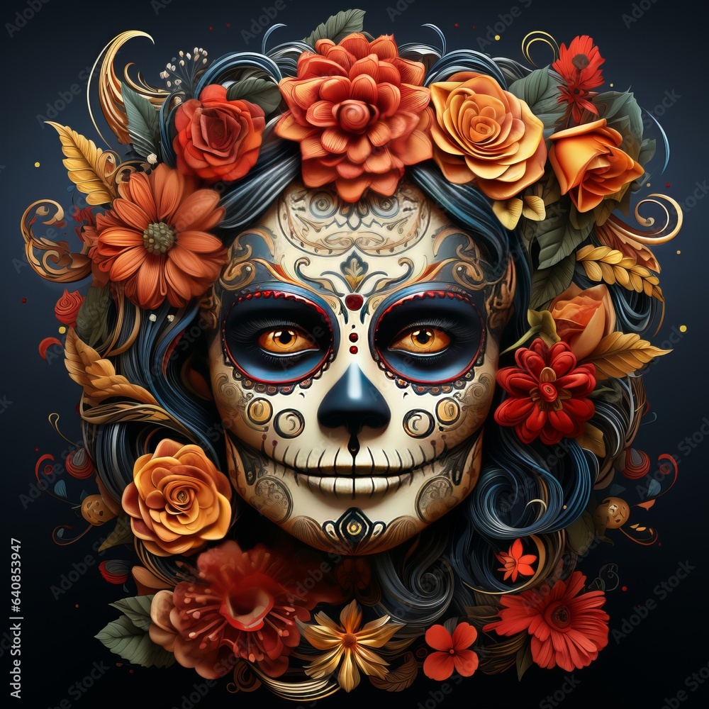 
Girl with sugar skull make-up with flowers and patterns. Concept: traditional image of El Día de Muertos, Mexican image of honoring the dead.
