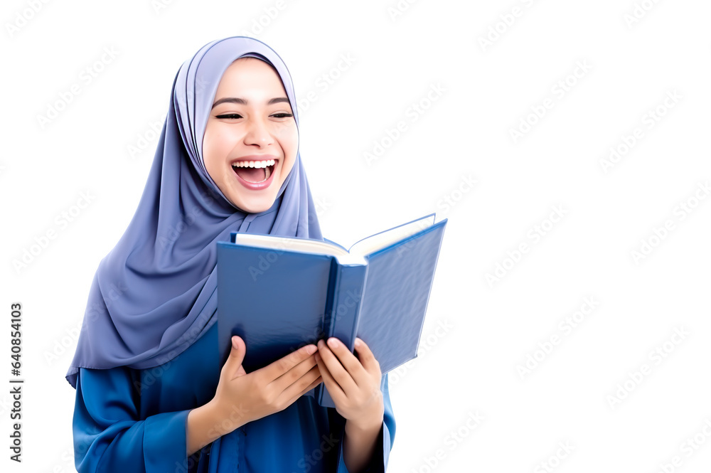 Muslim Arab woman wearing a hijab, reading a book. Could be the Quran. Isolated on a white background with copy space.