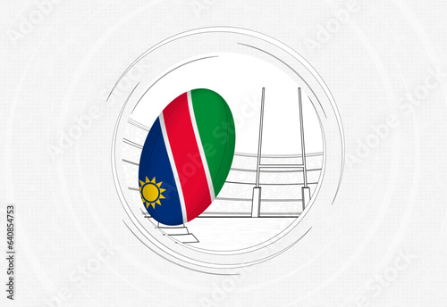 Namibia flag on rugby ball  lined circle rugby icon with ball in a crowded stadium.