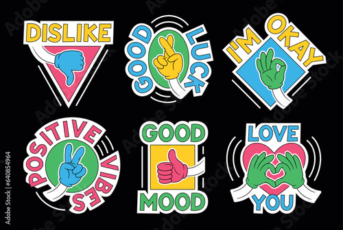 Retro badges with gestures and signs set. Vintage stickers with peace and kindness sign, dislike and good mood, love and good luck wishes. Cartoon flat vector illustration isolated on black background