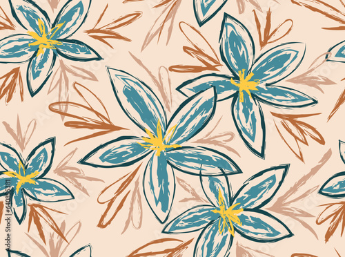 Floral abstract seamless pattern with brush strokes. Poster with repeating blooming ornament, flowers and plants. Tropical print for wallpaper and textile design. Cartoon flat vector illustration
