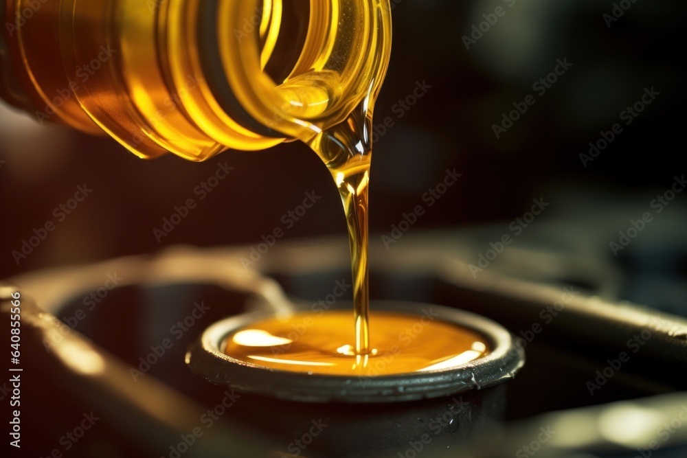 Pouring motor oil leaking from bottle to inlet hole in the engine Stock Illustration Adobe Stock