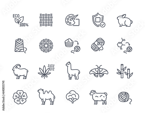 Eco fabric material icons set. Outline stickers with natural textiles and clothes, bamboo and linen, silk and leather, cashmere and mohair. Linear flat vector collection isolated on white background photo