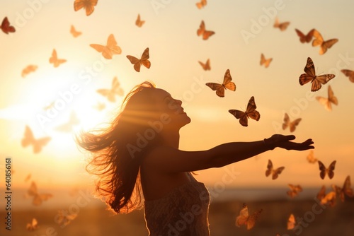 The girl frees the butterfly from moment Concept of freedom