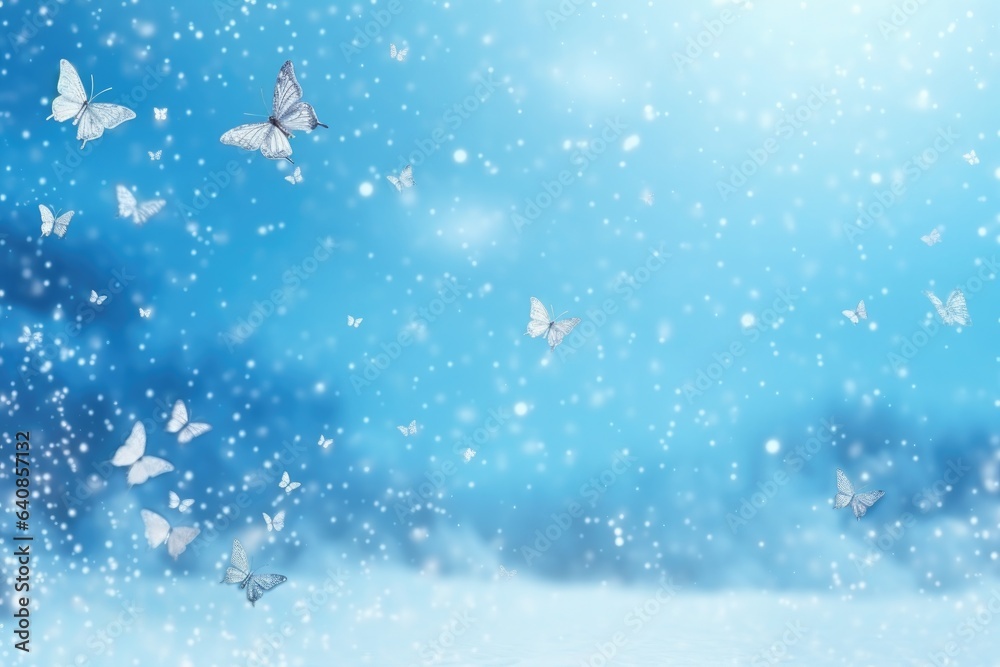Winter blue sky with falling snow, snowflake, butterfly. Holiday Winter background for Merry Christmas and Happy New Year Winter blue sky with falling snow, snowflake, butterfly. Holiday Winter background for Merry Christmas and Happy New Year