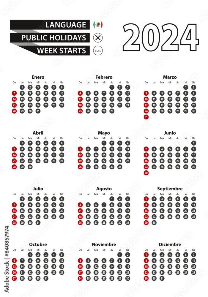 Spanish calendar 2024 with numbers in circles, week starts on Sunday