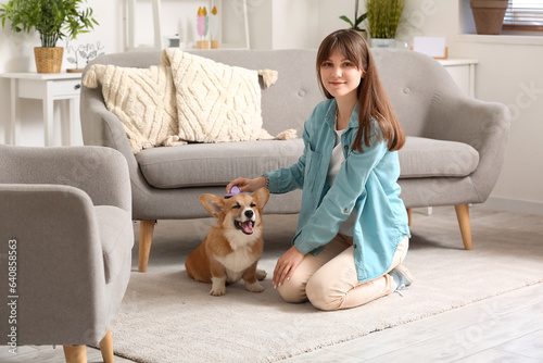 Pretty young woman with cute Corgi dog on floor in living room © Pixel-Shot
