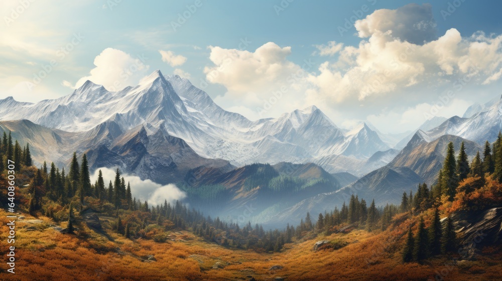 A painting of a mountain range with a valley in the foreground