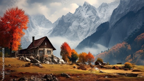 A house in the middle of a field with mountains in the background