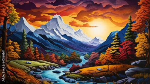 A painting of a mountain scene with a river
