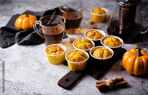 Pumpkin muffins with cup of tea