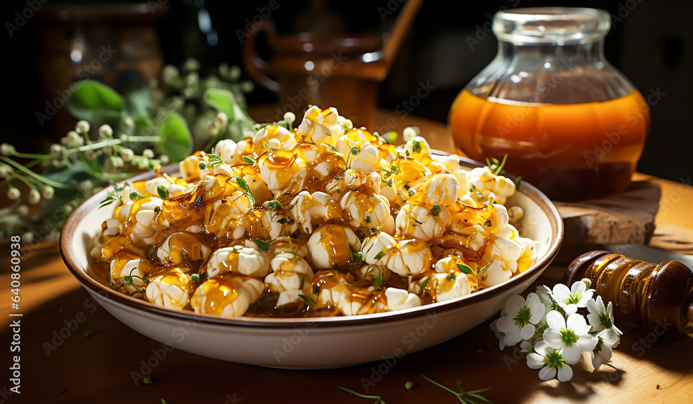 Popcorn with honey dripping on top. AI generated Popcorn with honey dripping on top. AI generated