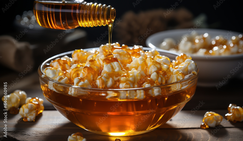Popcorn with honey dripping on top. AI generated