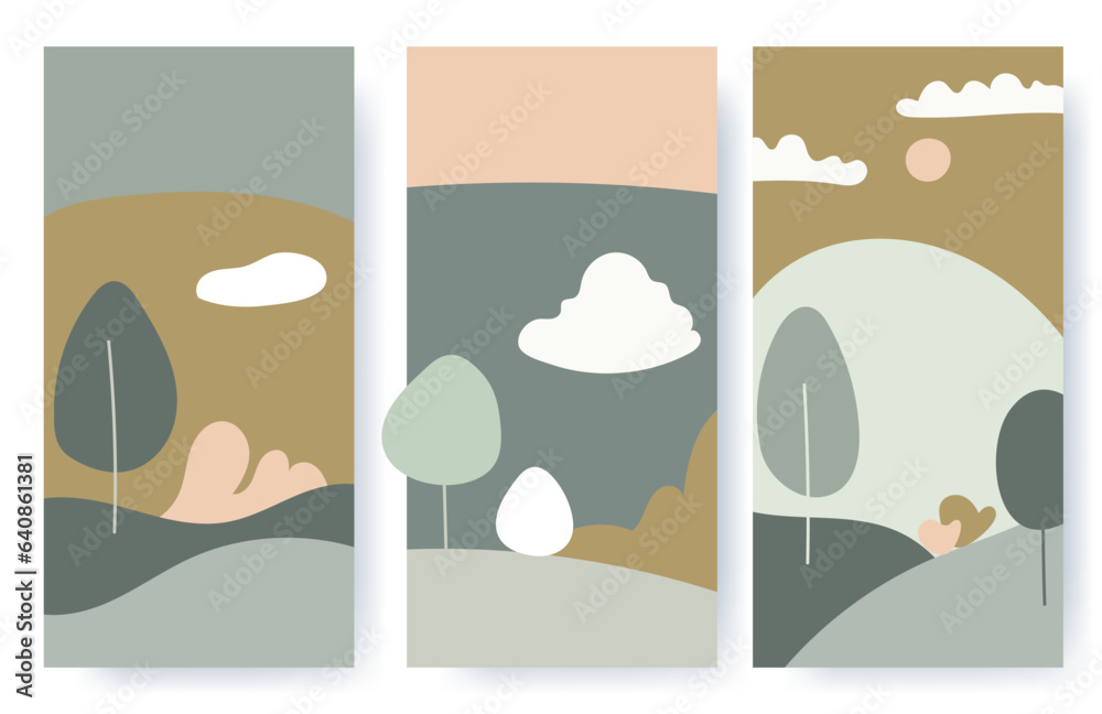 A set of illustrations with autumn landscapes in a minimalist style. Conceptual design of simple shapes, green, brown, orange colors of natural shades.