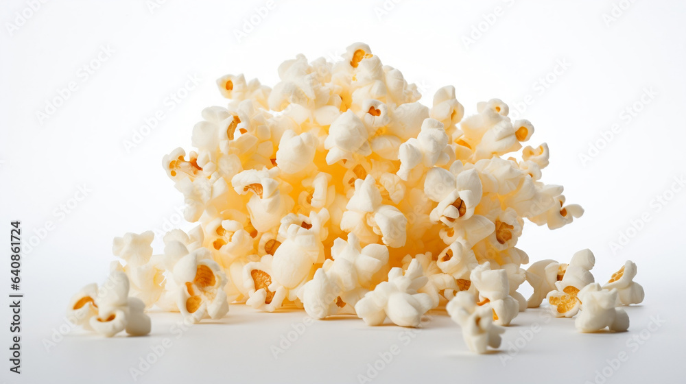 Close up on popcorn arranged on white background