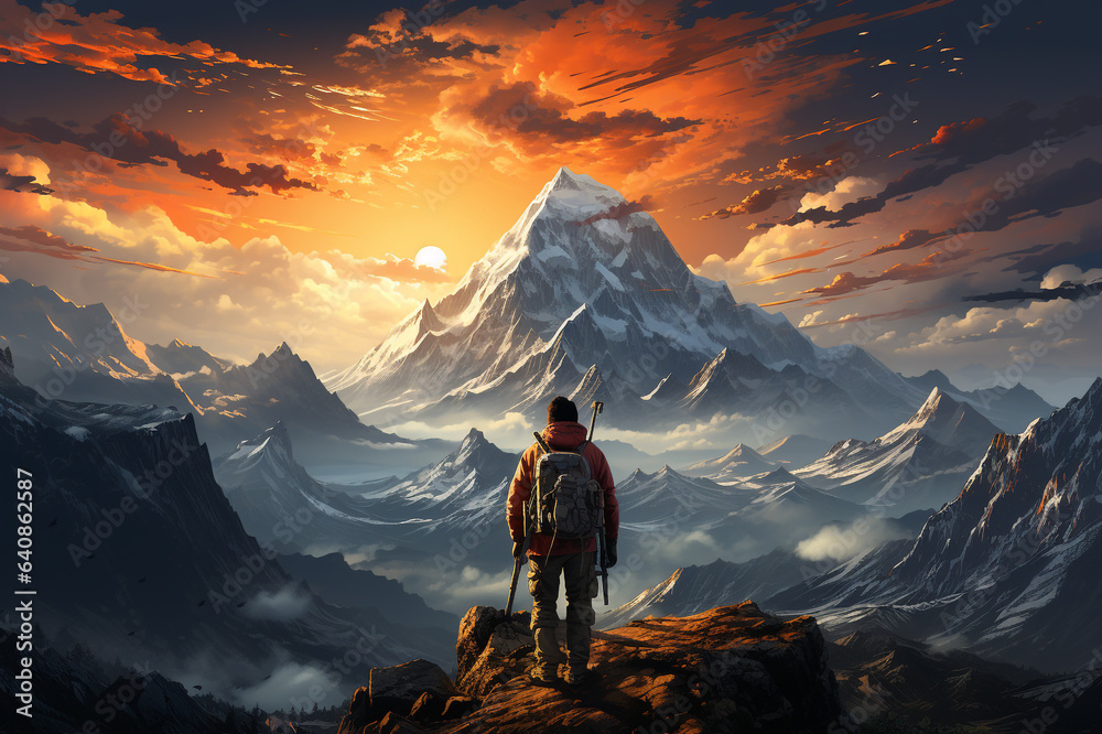 A young man looking at a big beautiful mountain that he is going to climb, inspiring, highly detailed detail. Mountain sport. risk. action made with AI - obrazy, fototapety, plakaty 