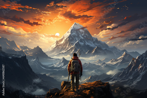 A young man looking at a big beautiful mountain that he is going to climb, inspiring, highly detailed detail. Mountain sport. risk. action made with AI