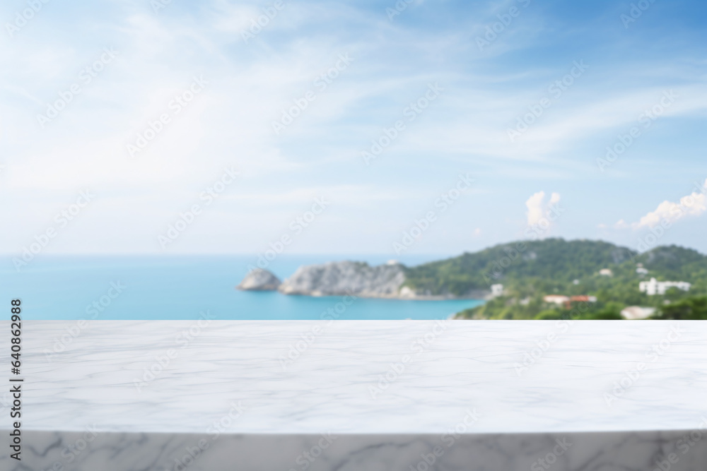 empty marble top on the background of the island, mountain and blue sky for product display