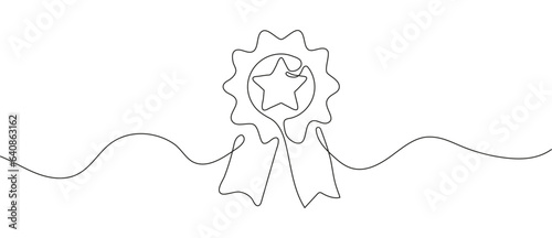 Star with ribbon of honor vector continuous line. Winner icon in hand drawn style. Win button.