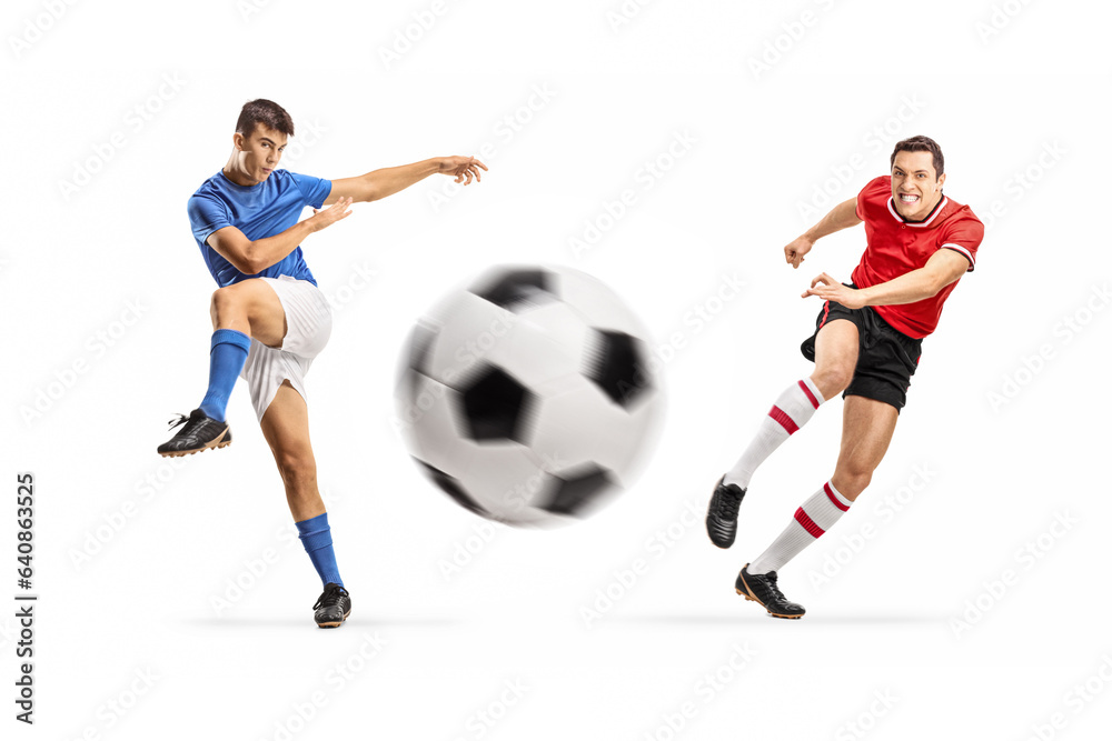 Football players from different teams running towards a ball