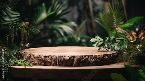 Wooden product display podium with blurred nature leaves background for product presentation 