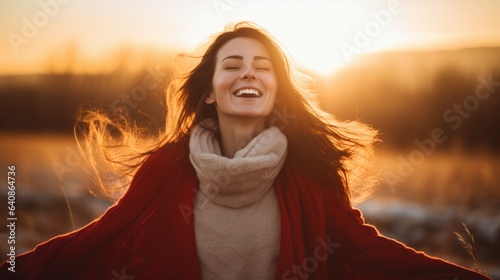 Backlit Portrait of calm happy smiling free woman with closed eyes enjoys a beautiful moment life on the fields at sunset photo