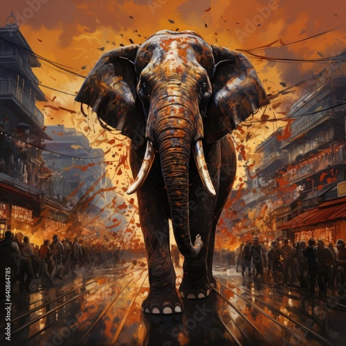 An elephant parades through a bustling city, causing astonishment and chaos. © HandmadePictures