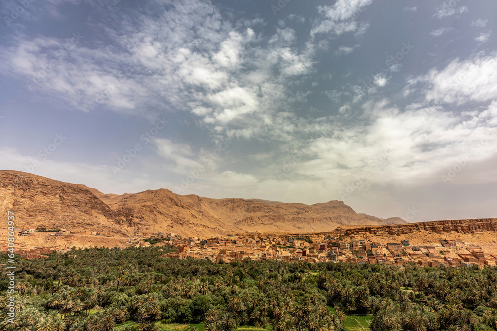 Saharic desert and oasis landscape between Marrakech and Merzouga, Morocco, in summer. Landscape impressions along the Atlas and Anti-Atlas torrent and Wadi Draa Valley