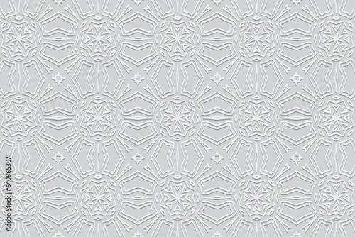 Embossed white background, cover design. Geometric ethnic 3D pattern, press paper, leather. Boho, handmade, antistress. Minimalist original designs of East, Asia, India, Mexico, Aztec, Peru.