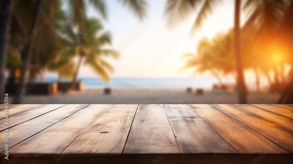 empty wooden table top with blur background of beach and palm tree for product display