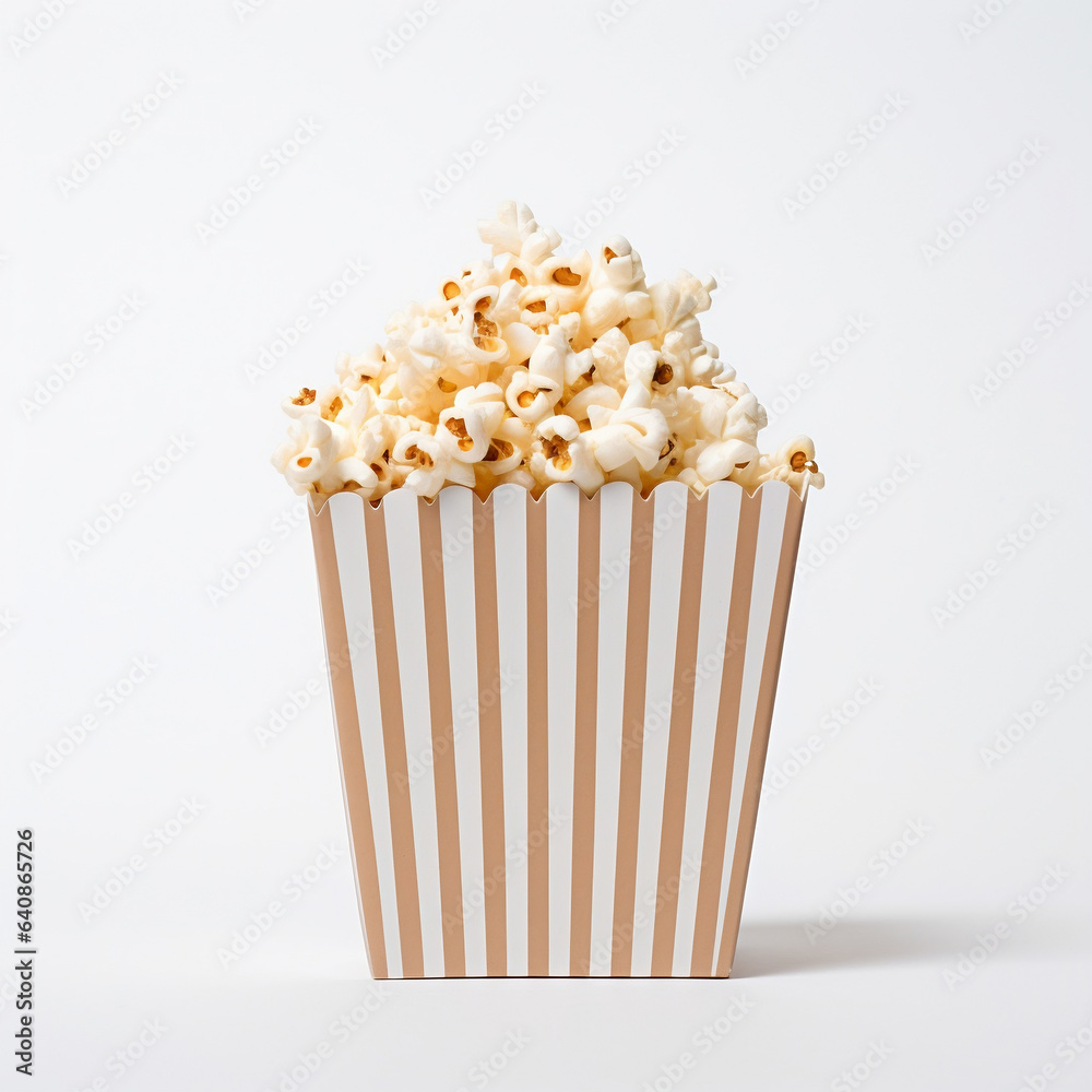 White and beige bucket full of tasty and tempting popcorn on a white background with empty space for inserting text and graphic elements