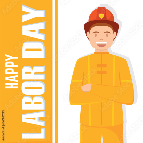 Isolated happy firefigther character Labor day Vector photo