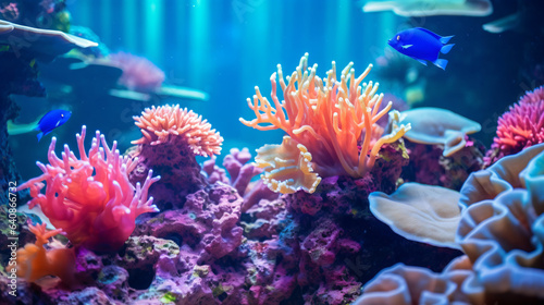 Coral reef background. Undersea tropical world. Bright neon colored coral reef  anemone and sea plant