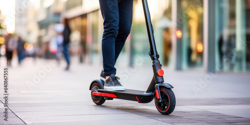 Person riding a scooter in city, closeup, cropped image. Legs on electric scooter, blurred background.