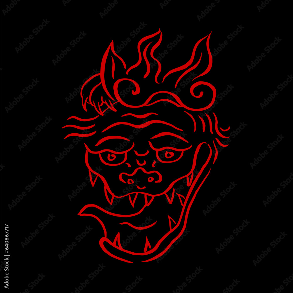 Oni Demon Mask. Vector drawing, ink, hand sketch, doodle, red on black. Japanese culture, monsters, horror, t-shirt print, poster, halloween. Eps10 Oni Demon Mask. Vector drawing, ink, hand sketch, doodle, red on black. Japanese culture, monsters, horror, t-shirt print, poster, halloween. Eps10
