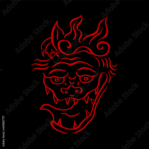 Oni Demon Mask. Vector drawing, ink, hand sketch, doodle, red on black. Japanese culture, monsters, horror, t-shirt print, poster, halloween. Eps10