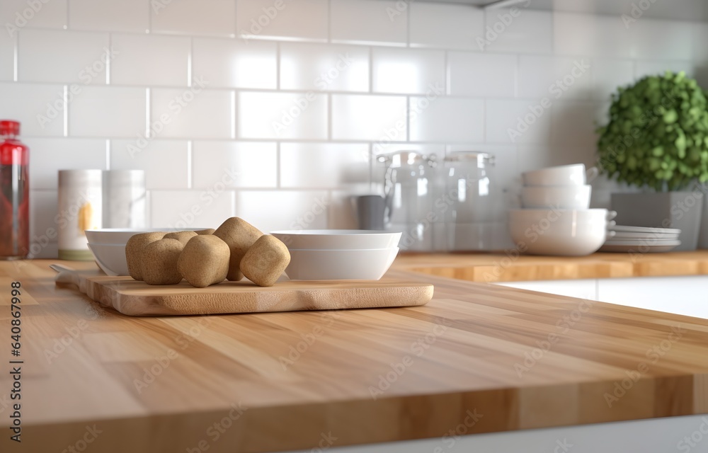 Wooden countertop kitchen, generative ai. Wooden countertop kitchen, generative ai.