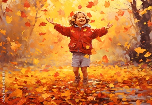Autumn child, generative ai image of little kid happy to play with fall leaves
