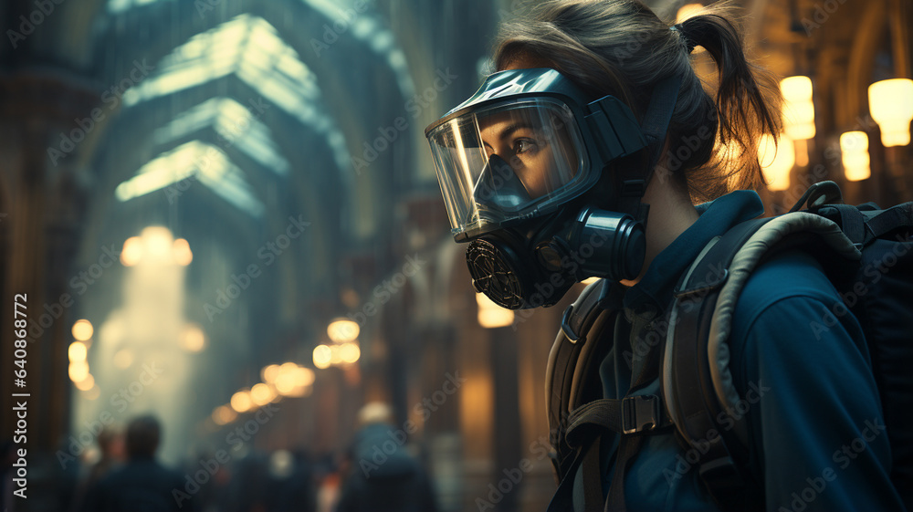 climate emergency, people wear oxygen masks, the air is unbreathable climate emergency, people wear oxygen masks, the air is unbreathable