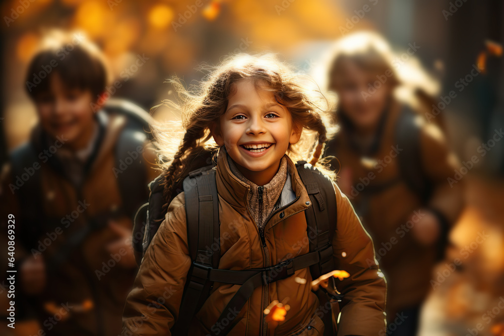 Happy girl with backpack in jacket going to school with friends at autumn Happy girl with backpack in jacket going to school with friends at autumn