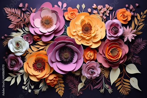 the paper flowers are on a purple background Generative AI