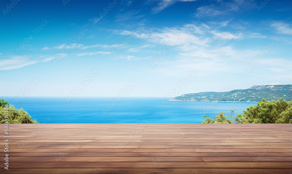 Wooden table on the background of the sea, island and the blue sky for product display
