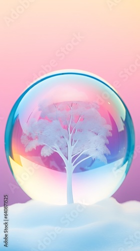 Tree covered with snow in a colorful globe. Iridescent soap bubble or crystal glass ball with gradient colors. Minimal concept of winter 